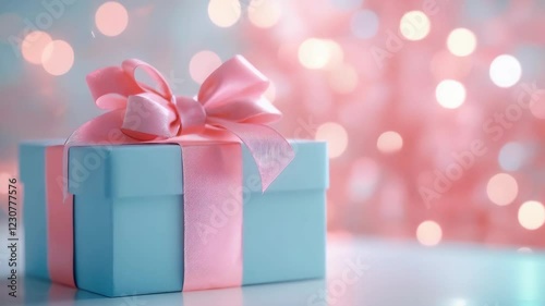 Elegant gift box with pink ribbon against soft bokeh lights
