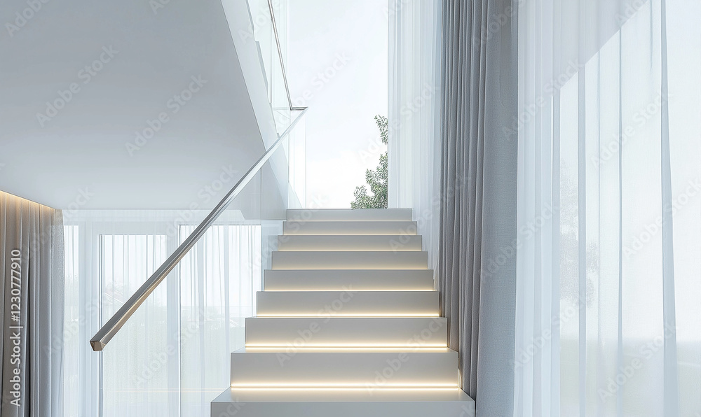 Obraz premium This Modern Staircase Includes a Brushed Nickel Railing, Offering a Timeless and Refined Look