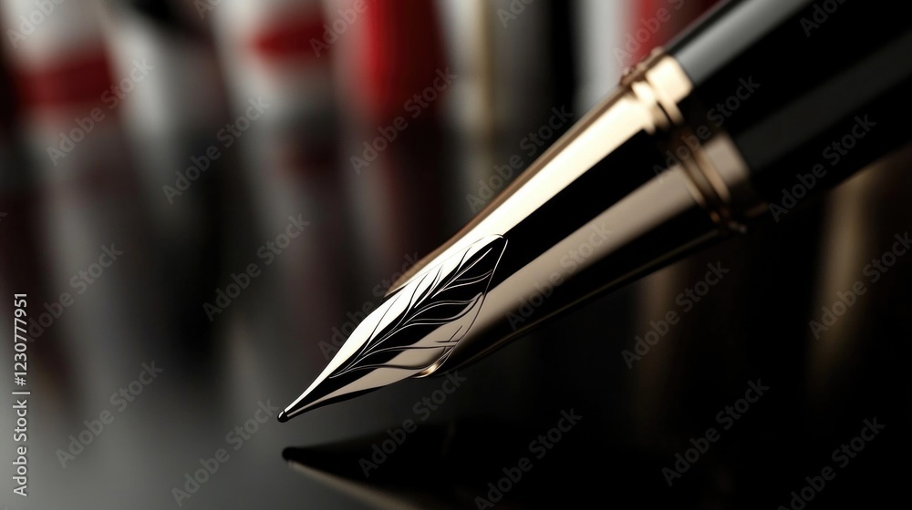 Naklejka premium Elegant fountain pen nib close-up with reflection on glossy surface