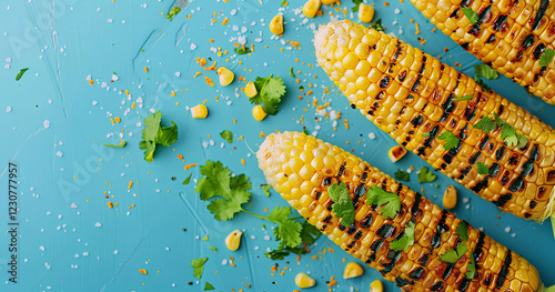 Grilled corn on blue background garnished with herbs and spices showcases a delicious summer dish full of flavor and color for outdoor gatherings and barbecues