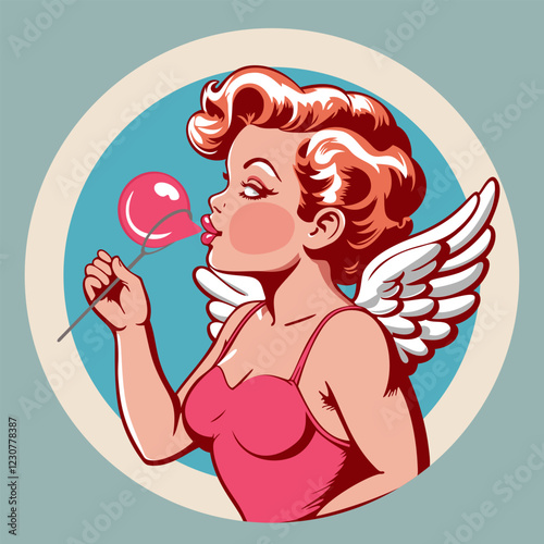 Baby angel blowing soap bubble. Vintage vector poster
