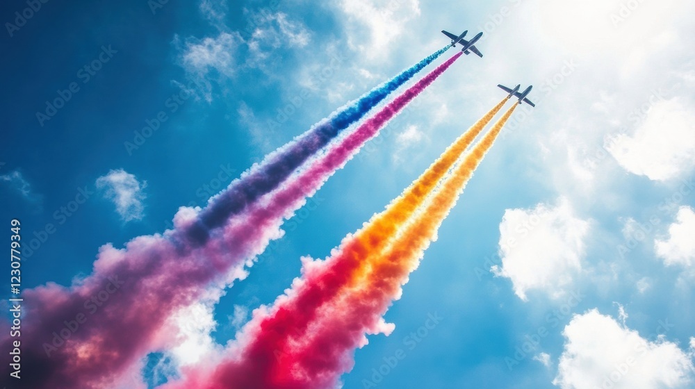 Stunt airplanes create vibrant smoke trails in a clear blue sky during an aerial performance. Generative AI Stunt airplanes create vibrant smoke trails in a clear blue sky during an aerial performance. Generative AI