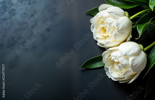 Two fresh white peonies on dark background. Blank condolence card. Ideal for expressing sympathy condolences. Close up top view. Suitable for funeral arrangements, anniversaries, memorials.