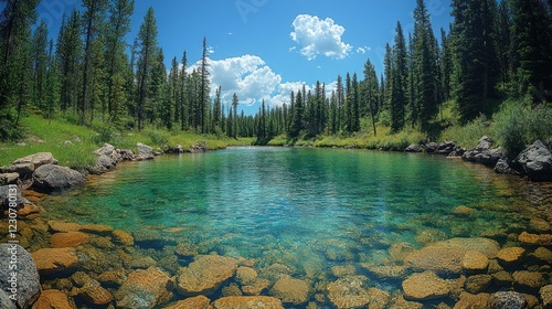 Serene turquoise waters of a mountain lake surrounded by tall pine trees and rocky shores