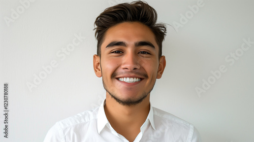 Portrait of a person. Peruvian man male in white shirt. Studio with white background close-up