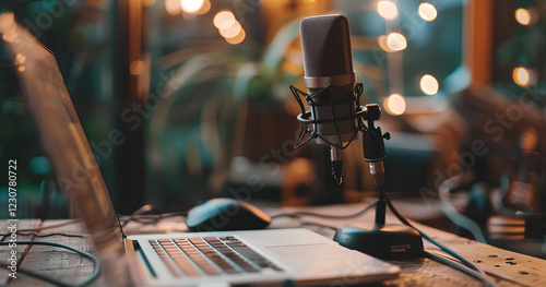 Audio recording setup with a microphone and laptop in a cozy environment filled with warm lights, perfect for creating podcasts or music