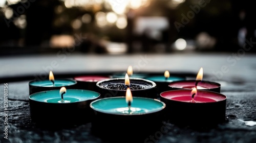 Colorful tealight candles illuminated in dark setting creating warm ambiance