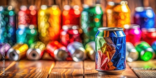 Wallpaper Mural Colorful crushed soda can on a wooden table with a blurred background, surrounded by other crushed cans and empty bottles, colorful objects, beverage Torontodigital.ca