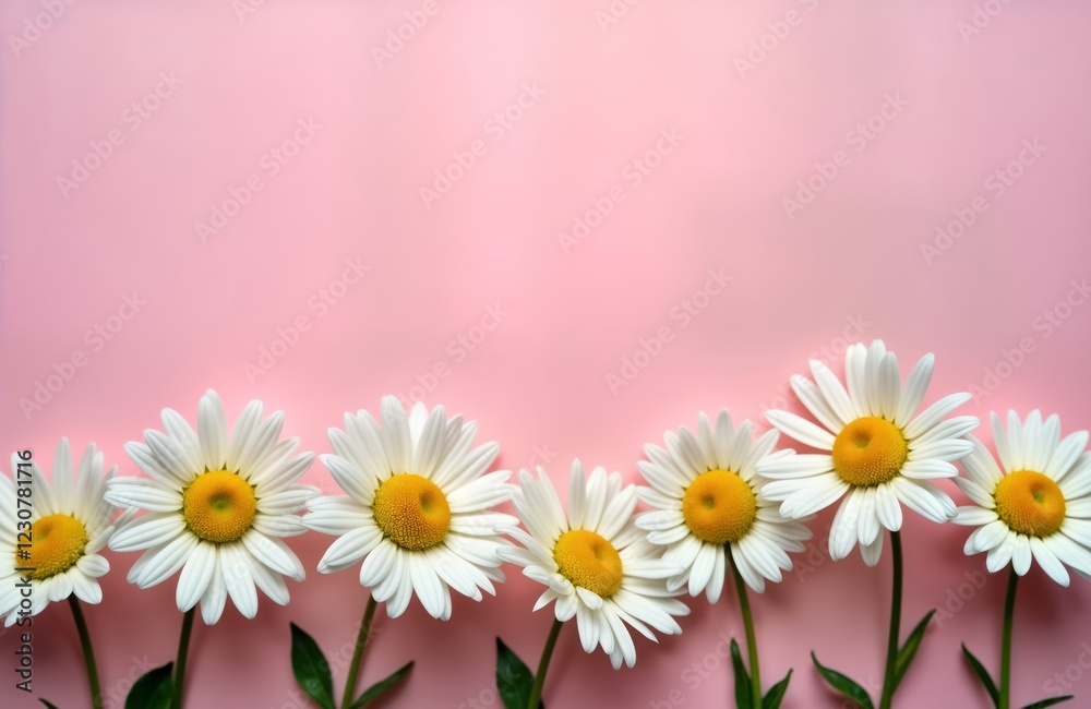 Fototapeta premium Beautiful white daisies arranged in horizontal row on soft pink background. Springtime floral design for various special occasions. Minimalist composition perfect for postcards greeting cards for