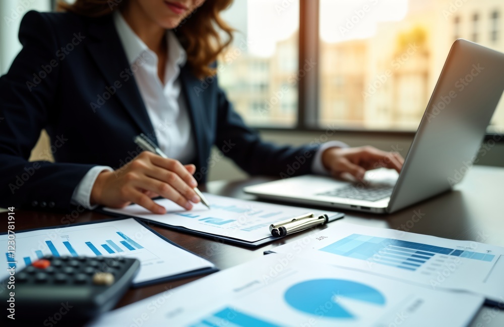 Businesswoman in office analyzing financial data. Works on reports, charts with laptop at desk. Financial analysis in progress. Modern office setting with business documents. Pro business Businesswoman in office analyzing financial data. Works on reports, charts with laptop at desk. Financial analysis in progress. Modern office setting with business documents. Pro business