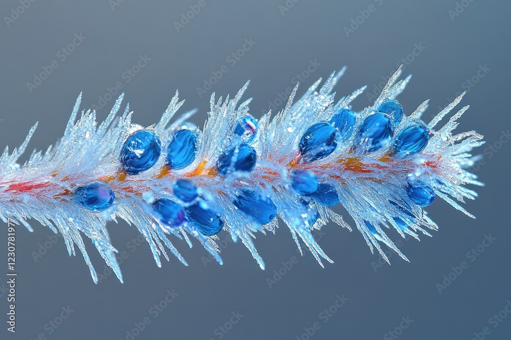 Fototapeta premium Frozen plant stem with vibrant blue water droplets, intricate ice crystals, and a striking contrast against a muted background.
