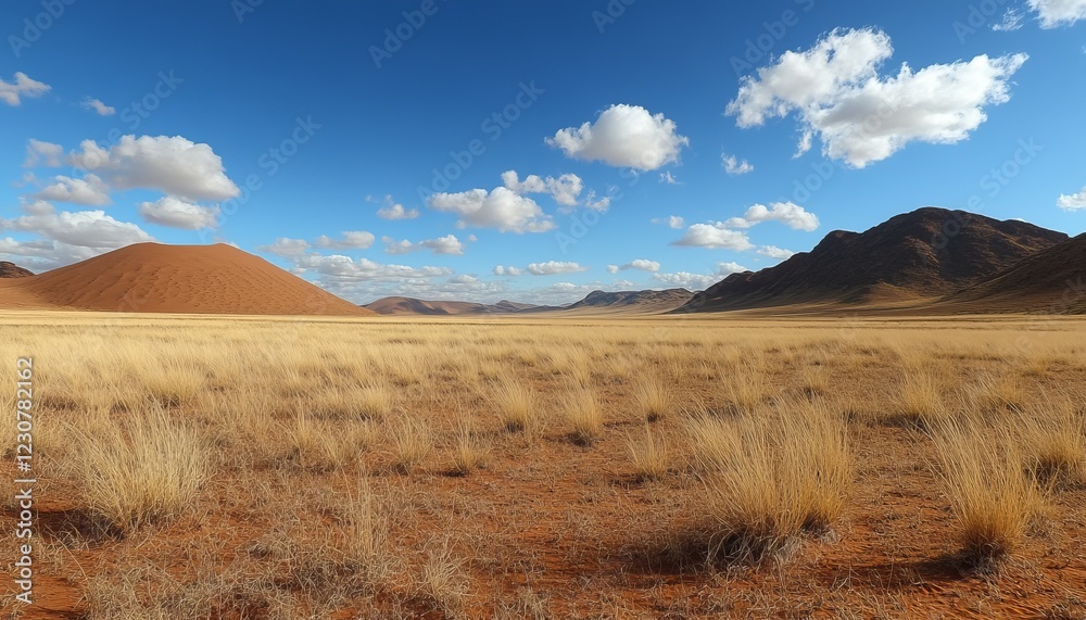 Expansive desert landscape with red sand dunes, dry grass, and a blue sky filled with fluffy clouds.
