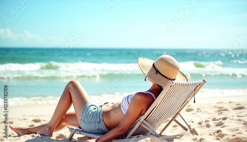 Person relaxing in a striped beach chair with a hat on a sunny beach scene