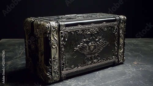 Ornate antique chest on dark surface, mysterious background, for fantasy or adventure game photo