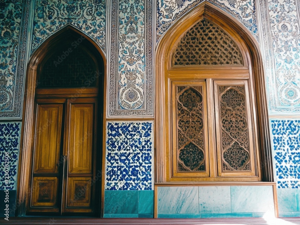 Obraz premium Intricate geometric patterns and wooden doors in historic Afghan mosque interior