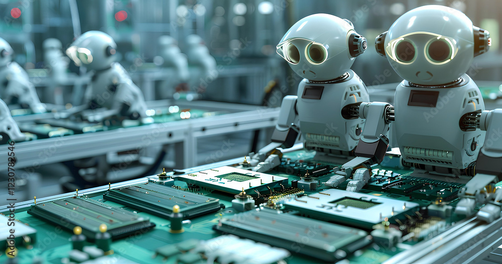 Robots assembling electronic components in an automated manufacturing facility during daytime Robots assembling electronic components in an automated manufacturing facility during daytime
