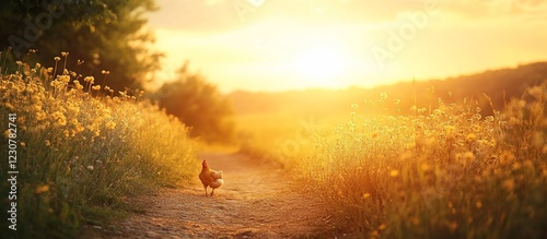 Chicken walking along a sunlit path in a vibrant field at sunset with flowers blooming