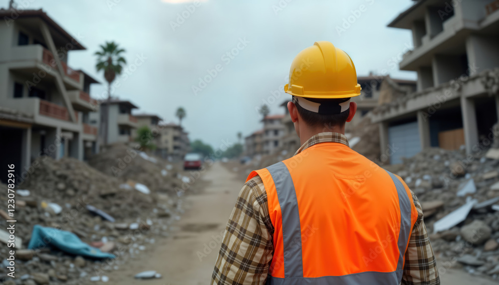 Construction site after natural disaster. Worker in safety vest, helmet looks at damaged buildings. Debris, rubble everywhere. Emergency preparedness needed. Natural disaster caused destruction. No Construction site after natural disaster. Worker in safety vest, helmet looks at damaged buildings. Debris, rubble everywhere. Emergency preparedness needed. Natural disaster caused destruction. No