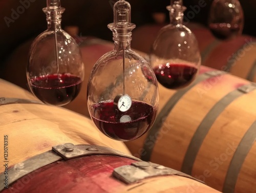 Winemaker inspects hydrometer in fermenting wine with barrels in background