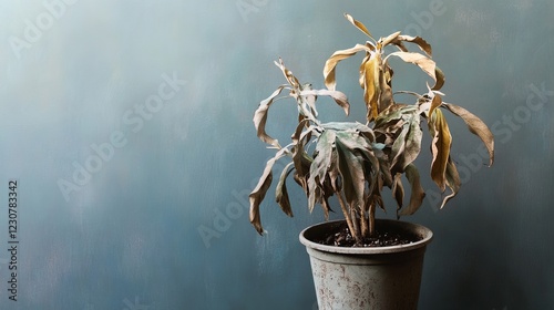 A dried-up houseplant in a pot sits against a gray background, its once-thriving leaves now wilted and lifeless
