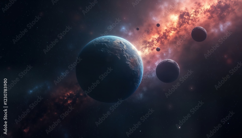 Obraz premium Cosmic scene distant planet surrounded by stardust, celestial bodies in deep space exploration. Planets orbit in swirling cosmic vortex. Mysterious, tranquil atmosphere evokes deep space. Tranquil