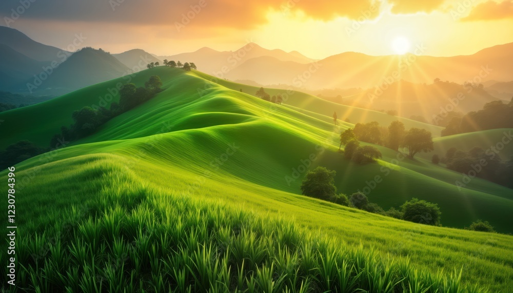 Fototapeta premium Picturesque green hills covered with rich grass fields. Sunlight illuminates landscape at dawn dusk creating warm, vibrant atmosphere. Majestic mountains in background complete scenic panorama.
