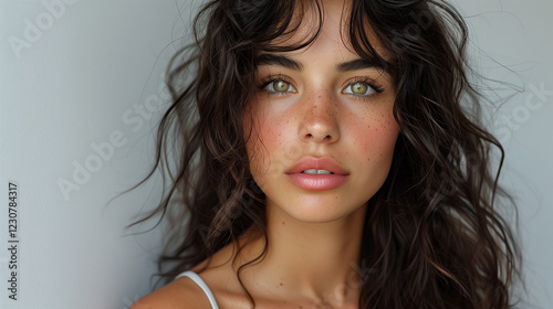 Armenian young beautiful woman. Beauty face and smile with hairstyle and makeup. Fashion closeup in interior