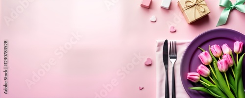 Festive table setting with purple plate, pink tulips. Romantic, elegant dinner setting for special occasion. Gift boxes, heart-shaped candies. Pink background. Top view. Spring Valentine Day concept.
