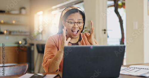 Fotografie Laptop, surprise and finance with woman in kitchen for home loan approval, tax refund success and budget