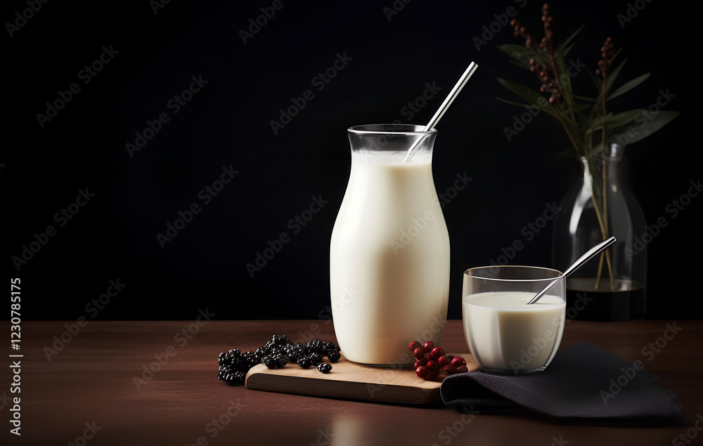 Creamy milk in a glass and pitcher on a wooden board with blackberries and a dark background creating an elegant, moody atmosphere in the kitchen Creamy milk in a glass and pitcher on a wooden board with blackberries and a dark background creating an elegant, moody atmosphere in the kitchen