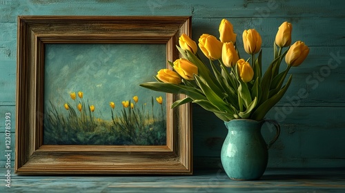 A vase of wilted yellow tulips is placed in front of a framed picture photo