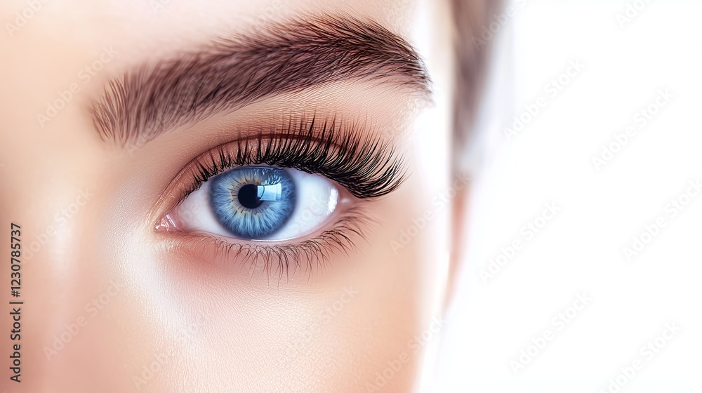 Naklejka premium Eyelash extension procedure. Beautiful woman with long eyelashes. Facial treatment. Cosmetology, beauty skin care and spa concept. Isolated on white background. Permanent makeup. Microblading brow.