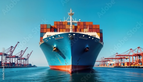 Large container ship positioned in international sea port. Colorful cargo containers stacked high on vessel. Port cranes stand ready for loading unloading cargo. Photo illustrates international