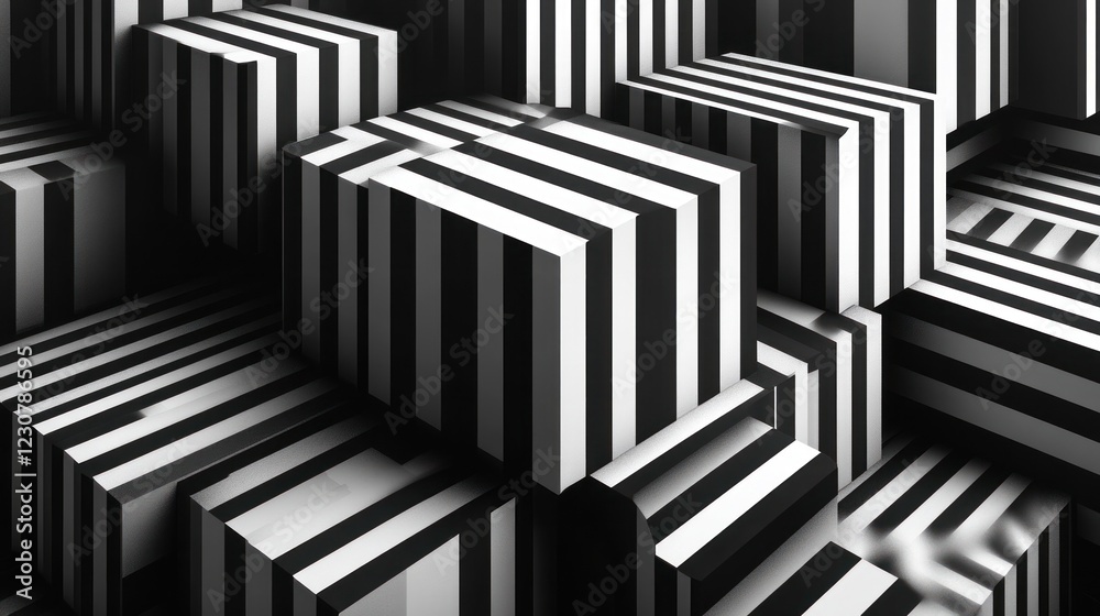 Naklejka premium Abstract black-white striped cubes background, 3D rendering, design