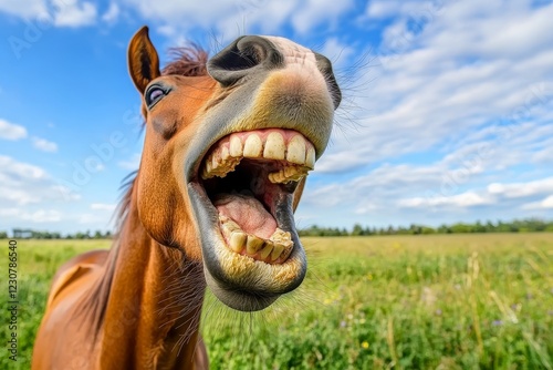 Close-up of a horse’s mouth with a broad smile and big teeth