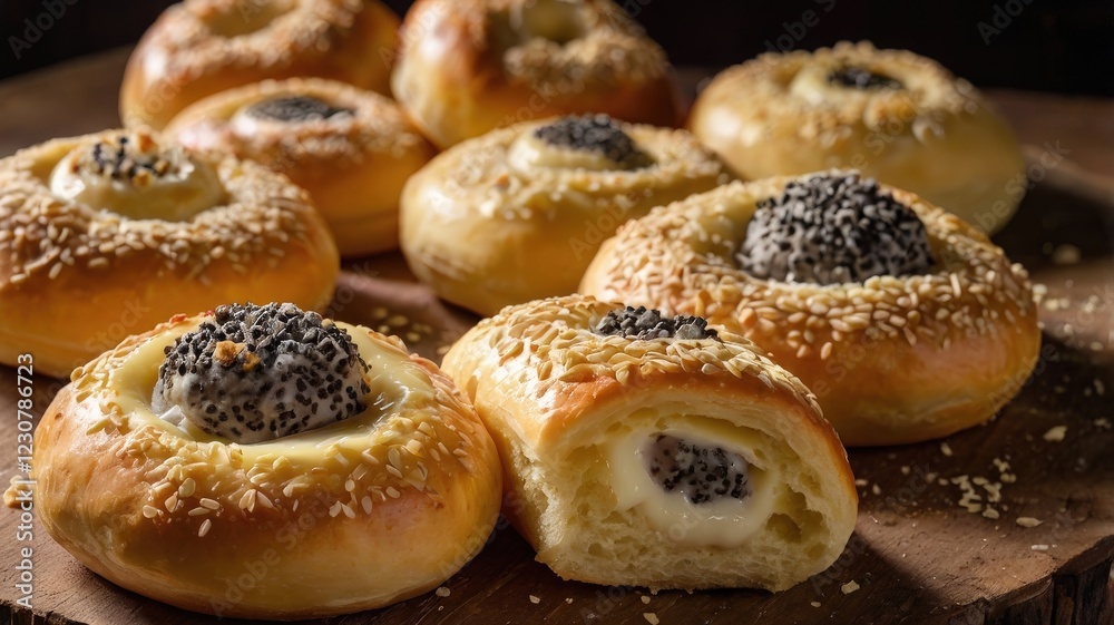 Freshly Baked Czech Kolache with Poppy Seed and Cream Cheese Fillings, Topped with Crunchy Streusel Freshly Baked Czech Kolache with Poppy Seed and Cream Cheese Fillings, Topped with Crunchy Streusel