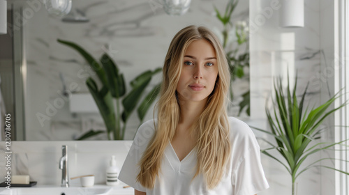Portrait of a young blond woman in bathroom. Beauty smiling cream cosmetics lifestyle face home