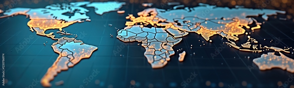 Fototapeta premium Global map view shows countries adopting universal basic income. Countries highlighted with glowing symbols representing positive impacts. Illustration suggests worldwide public welfare reform