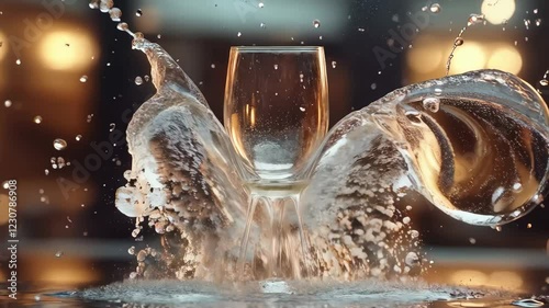 Dramatic splash of sparkling champagne in elegant glass captured in slow motion