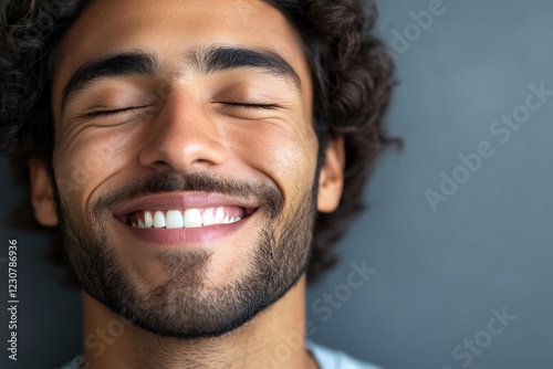 A portrait captures a young man who is cheerful and elated, laughing wholeheartedly with a radiant smile, reflecting his exuberance and carefree delight in life photo