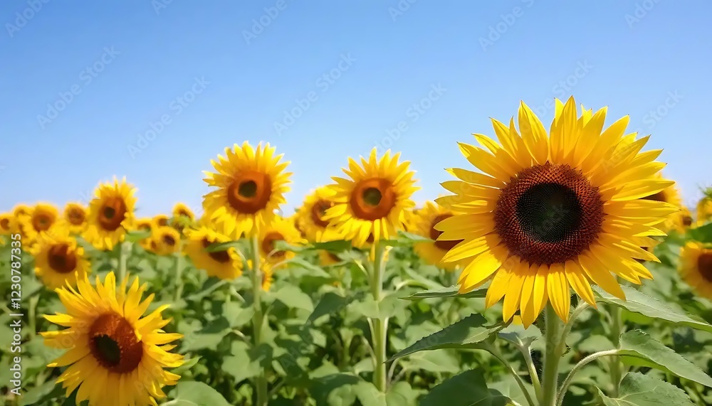 Vibrant Sunflowers Blooming Under A Clear Blue Sky Vibrant Sunflowers Blooming Under A Clear Blue Sky