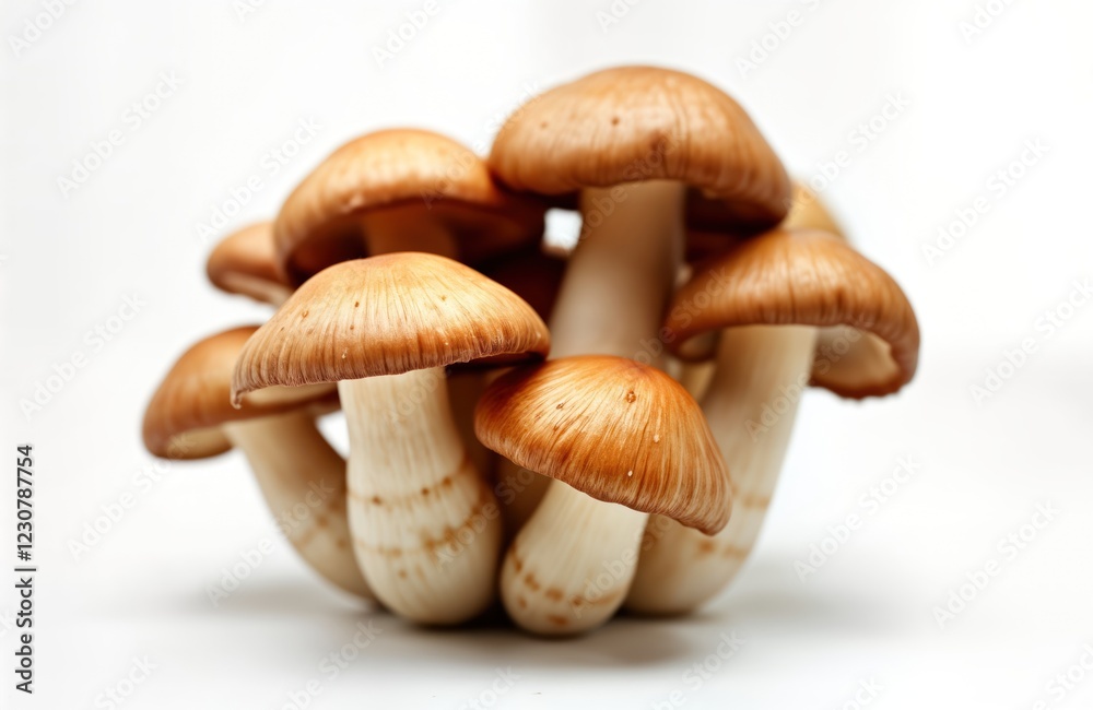 Closeup view of several brown beech mushrooms, shimeji mushrooms on white background. Mushrooms clustered together, natural texture. Isolated, look fresh. Image perfect for beauty of edible fungi. Closeup view of several brown beech mushrooms, shimeji mushrooms on white background. Mushrooms clustered together, natural texture. Isolated, look fresh. Image perfect for beauty of edible fungi.