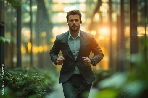 A businessman in a suit, wearing earbuds, runs purposefully through a modern glass building.