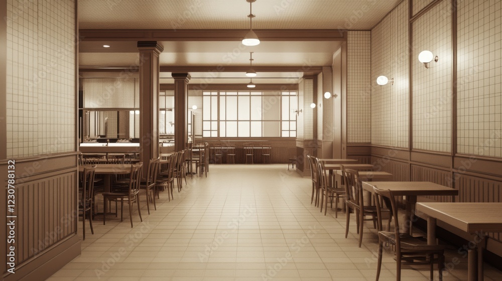 Retro diner interior with tables, chairs, and lighting. Retro diner interior with tables, chairs, and lighting.