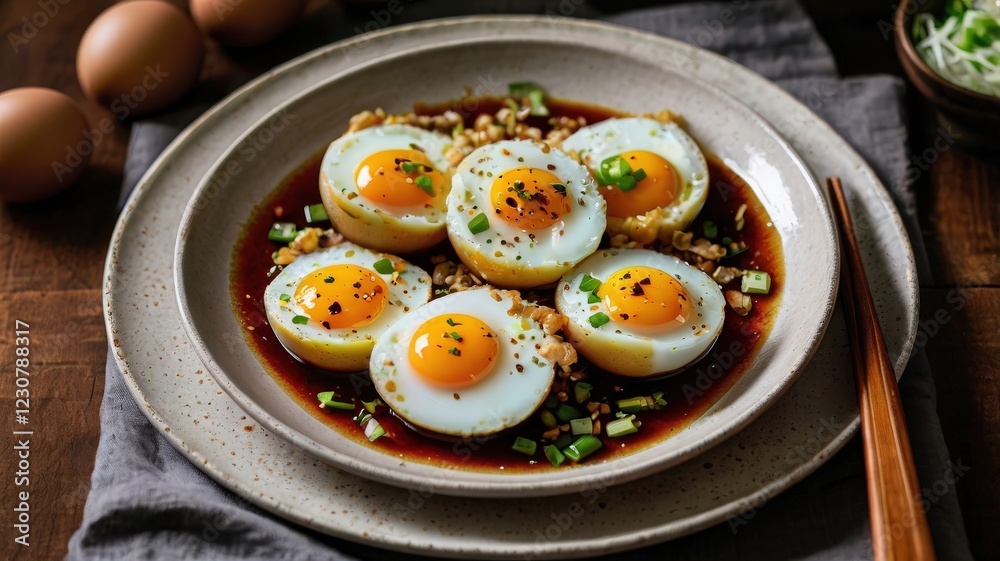Overhead View of Telur Masak Kicap – Golden-Brown Eggs in Savory Soy Sauce Glaze with Chili and Green Onions Overhead View of Telur Masak Kicap – Golden-Brown Eggs in Savory Soy Sauce Glaze with Chili and Green Onions