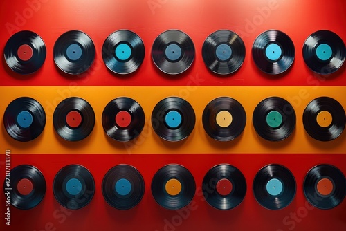 There are many different colored vinyl records on a red and yellow wall