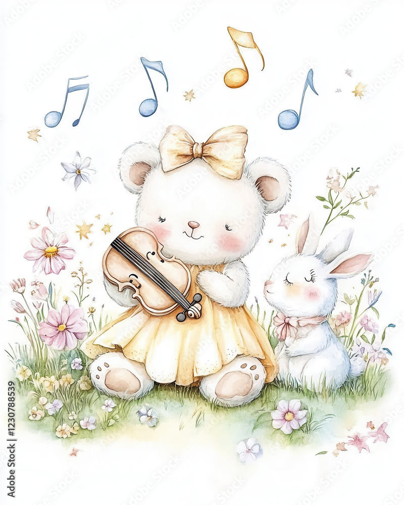Cute bear playing violin with bunny in floral meadow, surrounded by musical notes. whimsical and joyful scene perfect for children art Cute bear playing violin with bunny in floral meadow, surrounded by musical notes. whimsical and joyful scene perfect for children art