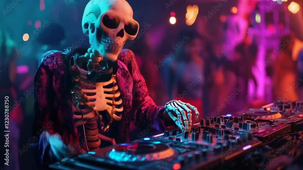 Skeleton dj masterfully spins music at vibrant halloween party