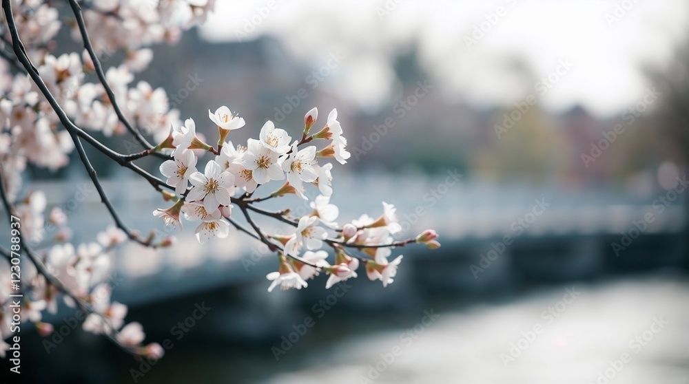 Fototapeta premium Cherry blossom branch in full bloom near a tranquil river with soft focus background