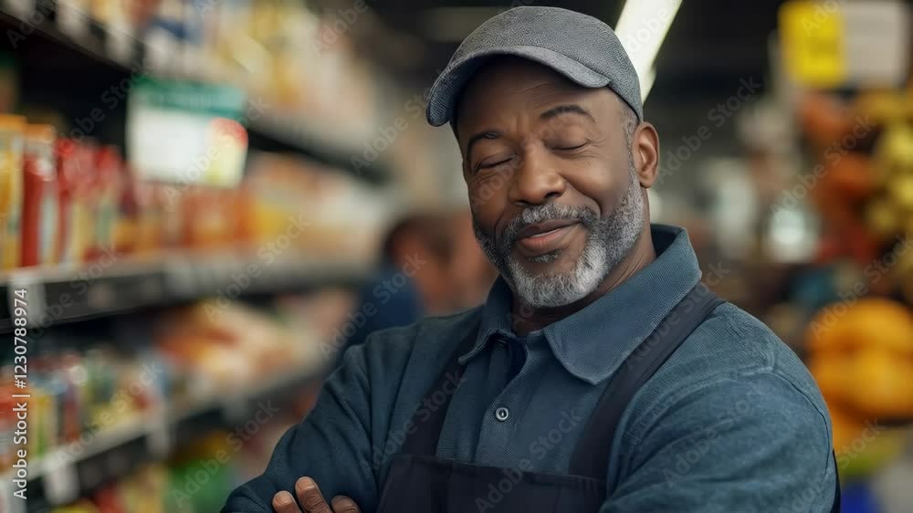 Confident worker smiling in grocery aisle with shelves filled with diverse products Confident worker smiling in grocery aisle with shelves filled with diverse products